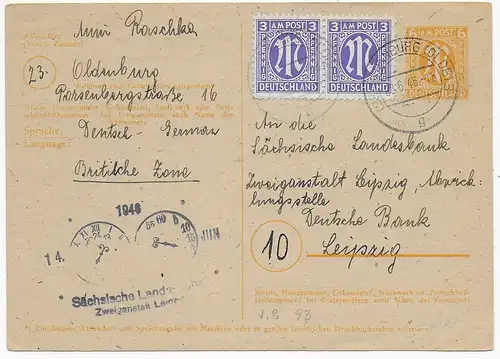 Postkarte von Oldenburg nach Leipzig, 1946