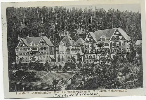 AK Heilstätte Charlottenhöhe, Post Calmbach 1922 après Gräfenhausen