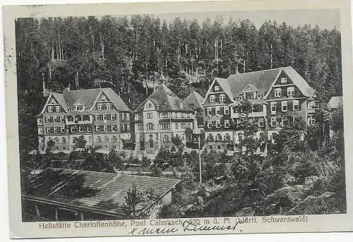 AK Heilstätte Charlottenhöhe, Post Calmbach 1922 nach Gräfenhausen