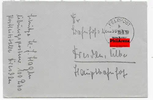 Feldpost 30.3.1939 Übungsfeldpost FPNr. 100260 nach Dresden