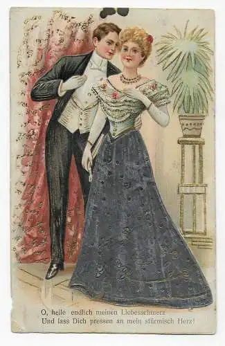 Ansichtskarte Liebespaar, Kitsch, Glitter, 1909 von Saarbrücken nach Darmstadt