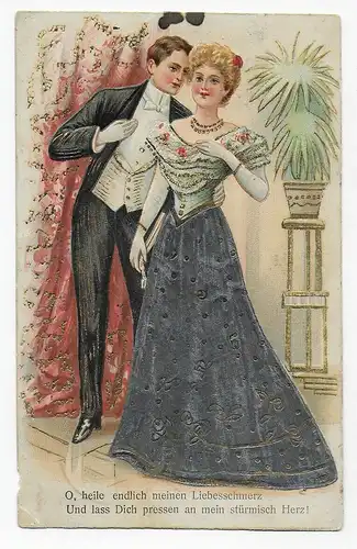 Carte de vue couple d'amoureux, Kitch, Glitter, de Sarrebruck à Darmstadt en 1909