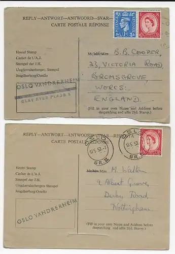 2x Antwortkarte Oslo nach Nottigham, 1953, Oslo Vandrerheim - Hotel