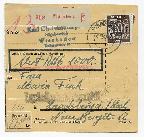 Paketkarte Wert von Wiesbaden nach Landsberg/Lech, rücks. hohe Massenfrankatur