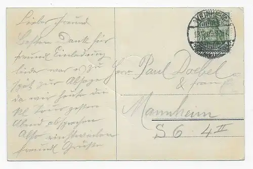 Carte de vue Fuchsenmühle/Birkenauertal/Weinheim 1909 vers Mannheim