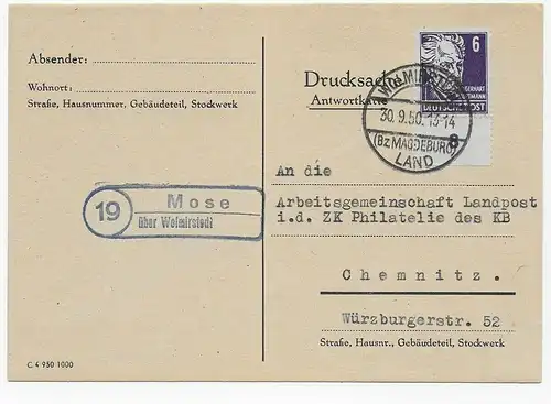Carte de vision Volmirstedt avec le cachet de l'agence Moïse, 1950 après Chemnitz