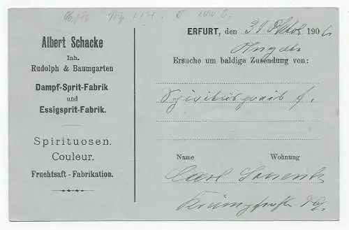 Ganzsache mit privatem Zudruck Erfurt 1901: Dampf-Sprit, Spirituosen, Fruchtsaft