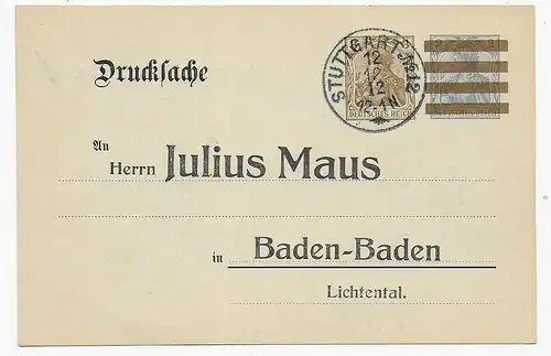 Affaire d'impression Carte postale Stuttgart nr. 12: du 12.12.12 avec belles arrières.