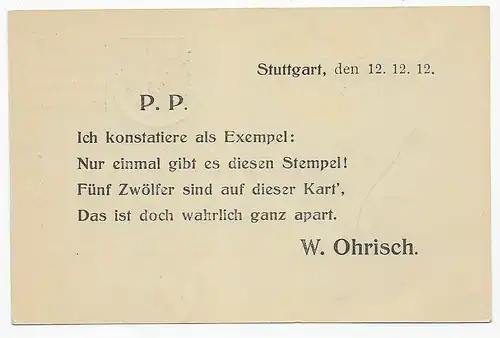 Drucksache Postkarte Stuttgart nr. 12: vom 12.12.12 mit nettem rücks. Spruch
