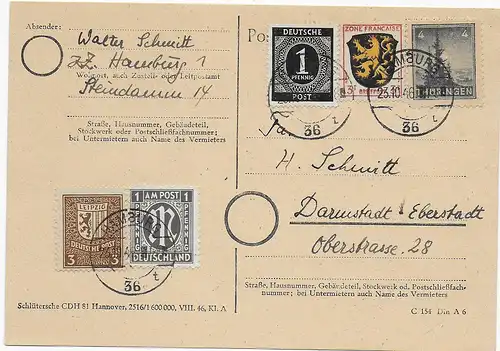 Postkarte Hamburg 1946 nach Darmstadt, MiF