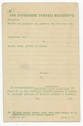Transvaal, carte de pré-impression ferroviaire - unused