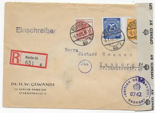 Einschreiben Berlin 1948 nach Hamburg mit Britischer Zensur