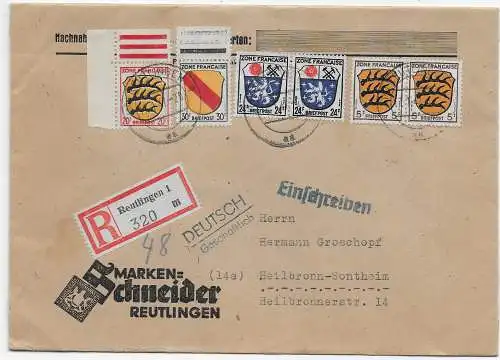 Einschreiben Reutlingen 1947 nach Heilbronn-Sontheim