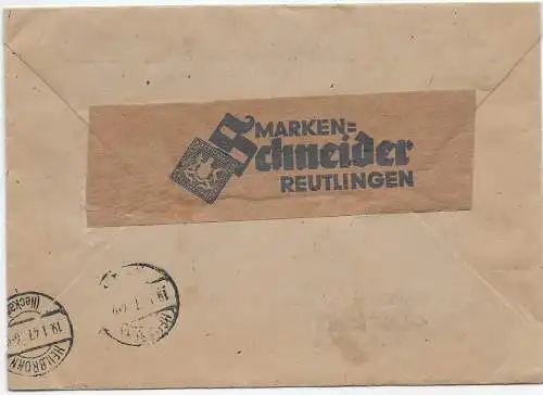 Einschreiben Reutlingen 1947 nach Heilbronn-Sontheim