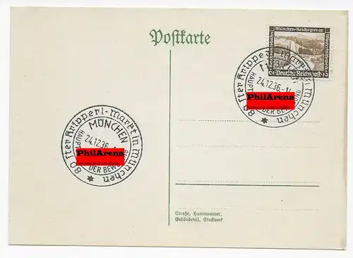 Carte postale avec cachet spécial Munich: 80ster Kripperl-Market à Munich, 1936