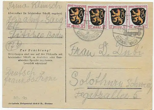 Postkarte Titisee nach Solothurn/Schweiz, 1948