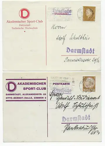 2x carte postale Club de sport académique Darmstadt, 1931/1933
