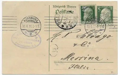 Ganzsache Augsburg 1911 nach Messina/Italien