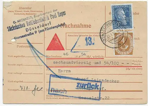 Nachnahme Paketkarte Düsseldorf 1952 nach Ahlen/Westfalen, Bettfedernfabrik