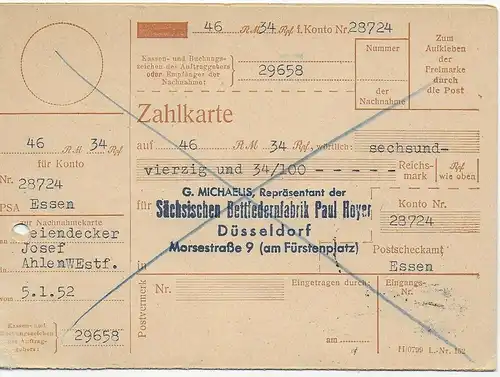 Carte de colis Düsseldorf 1952 vers Ahlen/Westfalen, Bettflederfabrik