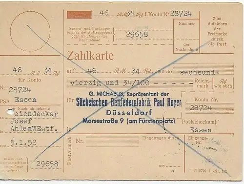 Nachnahme Paketkarte Düsseldorf 1952 nach Ahlen/Westfalen, Bettfedernfabrik