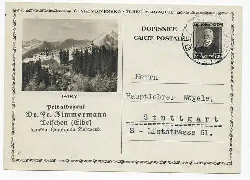 Ganzsache Tetschen/Elbe nach Stuttgart. Absender Eingedruckt, 1933