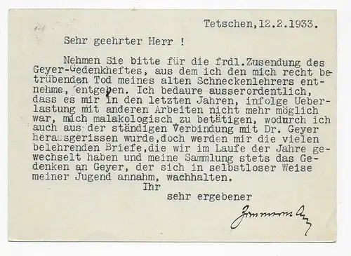 Ganzsache Tetschen/Elbe nach Stuttgart. Absender Eingedruckt, 1933