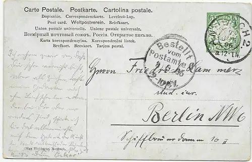 Ansichtskarte In Treue Fest, 1906, Ansbach nach Berlin