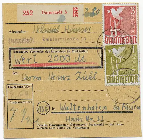 Paketkarte Wertpaket von Darmstadt nach Waltenhofen/Füssen 1949