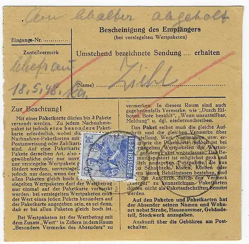 Paketkarte Wertpaket von Darmstadt nach Waltenhofen/Füssen 1949