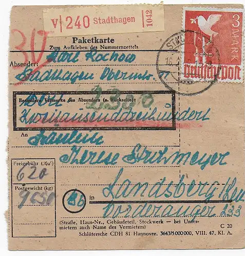 Paketkarte Wertpaket von Stadthagen nach Landsberg, 1948