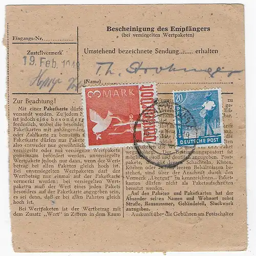 Paketkarte Wertpaket von Stadthagen nach Landsberg, 1948