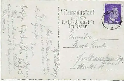 Ansichtskarte Litzmannstadt/Warthegau mit Postamt, 1942 nach Falkenstein