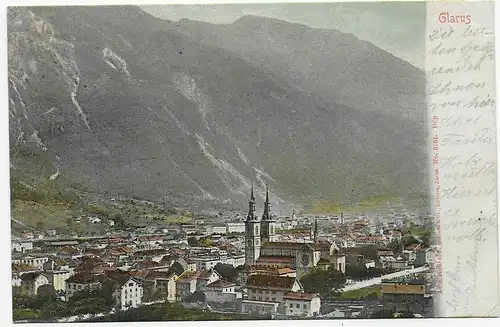 Carte de vue Glarus 1903 avec cachet de poste ferroviaire Ambulant n° 26