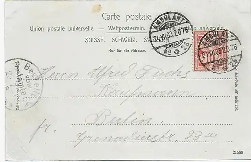Ansichtskarte Glarus 1903 mit Bahnpoststempel Ambulant Nr. 26