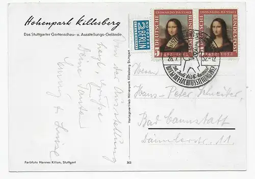 Blumengarten Carte de vue Stuttgart, Killesberg, 1952, Stamp spécial
