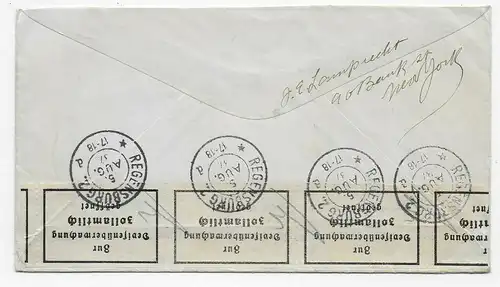 Brief von New York nach Regensburg 1937, rückseitig zollamtlich geöffnet