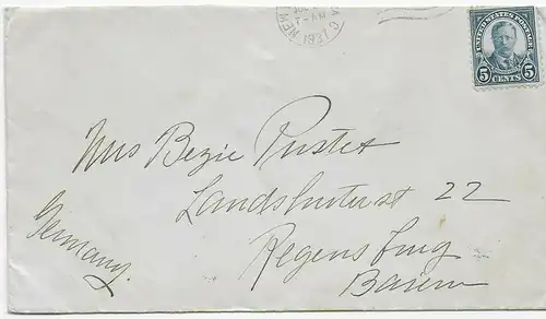 Brief von New York nach Regensburg 1937, rückseitig zollamtlich geöffnet