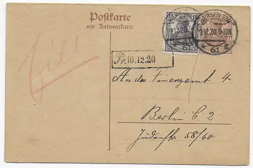 Doppel-Karte 1920 Berlin an Finanzamt mit Antwortkarte zurück