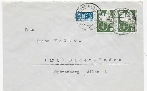 Lettre de Francfort-sur-le-Main 1952 à Baden-Baden, expéditeur de la Haute-Stratégie