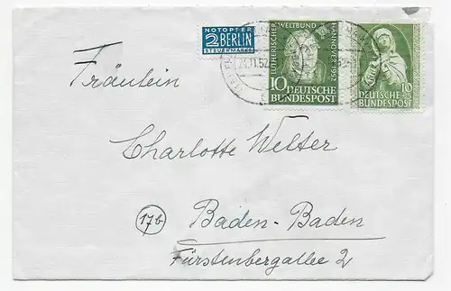 Lettre de 1952 de Francfort/M à Baden-Baden, expéditeur, indication FFM-Mögst