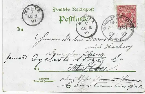 Ansichtskarte Vegesack 1897 nach Malta, Weiterleitung Constantinople, 