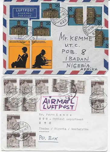 2x Briefe, 2x Postkarte von Rüdesheim nach Ibadan/Nigeria 1955/56