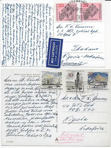 2x Briefe, 2x Postkarte von Rüdesheim nach Ibadan/Nigeria 1955/56