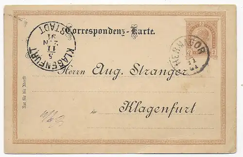 Ganzsache Hermagor nach Klagenfurt 1891