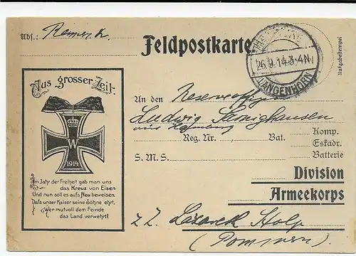 Feldpostkarte 1914 Hamburg Langenhorn an Lazarett Pommern