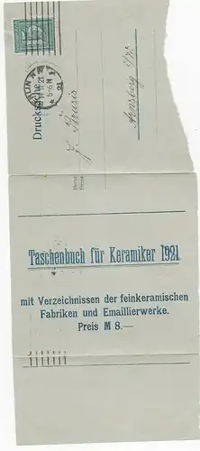 Streifband Drucksache Berlin 1921 nach Arnsberg, Taschenbuch für Keramiker