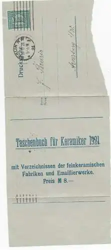 Streifband Drucksache Berlin 1921 nach Arnsberg, Taschenbuch für Keramiker