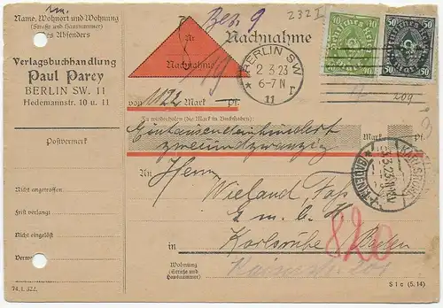 Nachnahme Paketkarte Berlin 1923 nach Karlsruhe, Perfin-Lochung