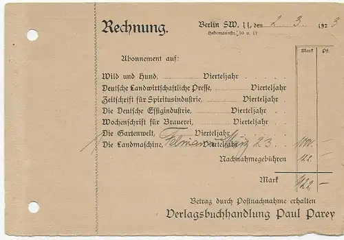Carte de colis Berlin 1923 vers Karlsruhe, Perfin-Lokung